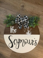 Load image into Gallery viewer, White and Brown Stain Round Last Name Doorhanger