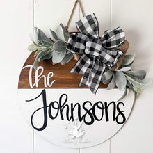 Load image into Gallery viewer, White and Brown Stain Round Last Name Doorhanger