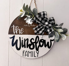 Load image into Gallery viewer, White and Brown Stain Round Last Name Doorhanger