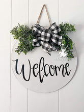 Load image into Gallery viewer, White Round with Greenery and Bow Doorhanger