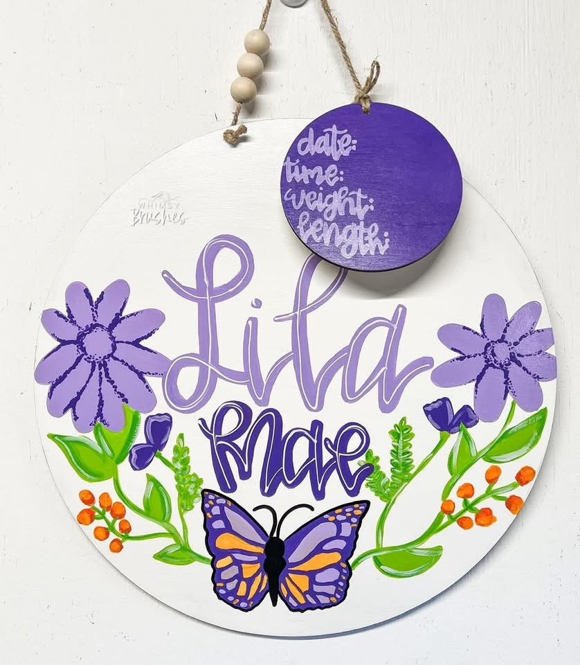 Purple Floral Butterfly Baby Doorhanger