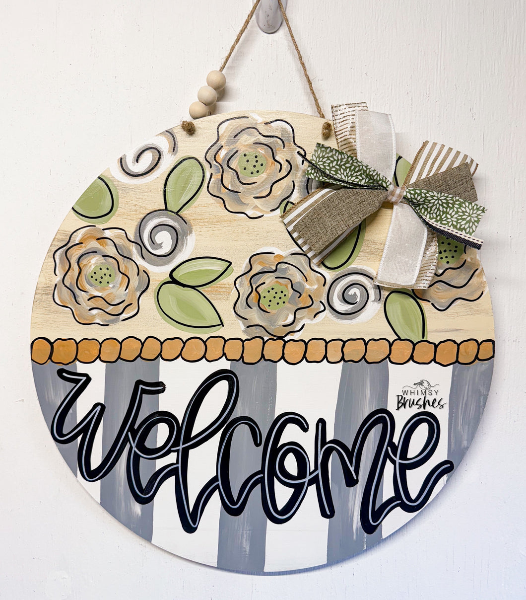 Floral Striped Neutral Round Doorhanger