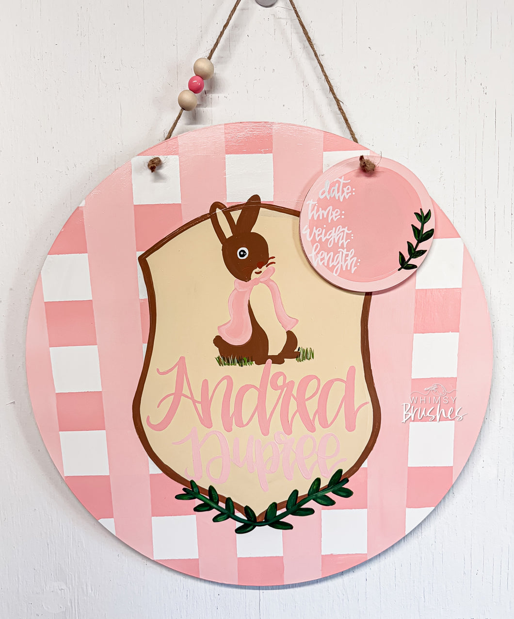 Pink Plaid Rabbit Baby Doorhanger