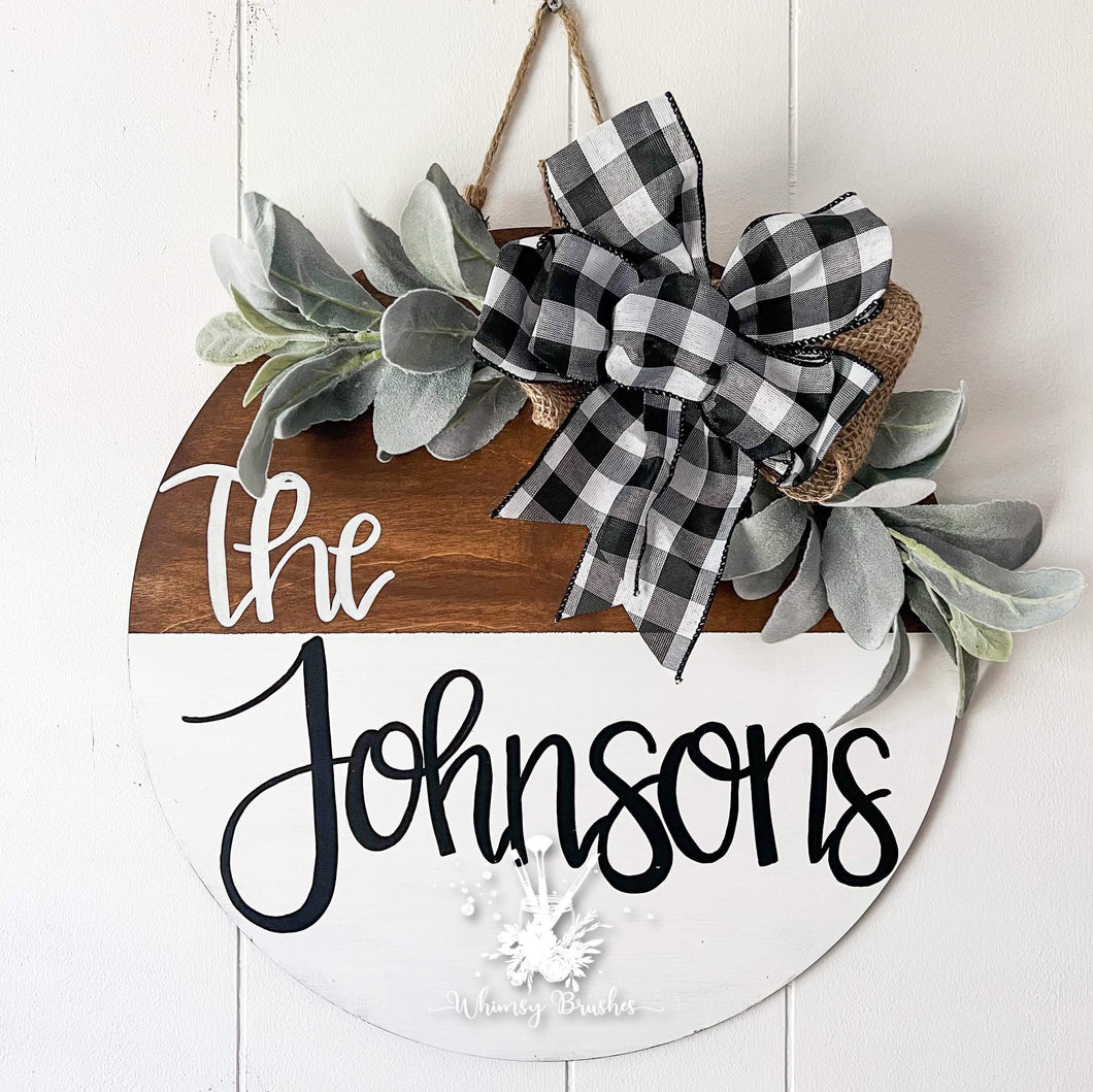 White and Brown Stain Round Last Name Doorhanger