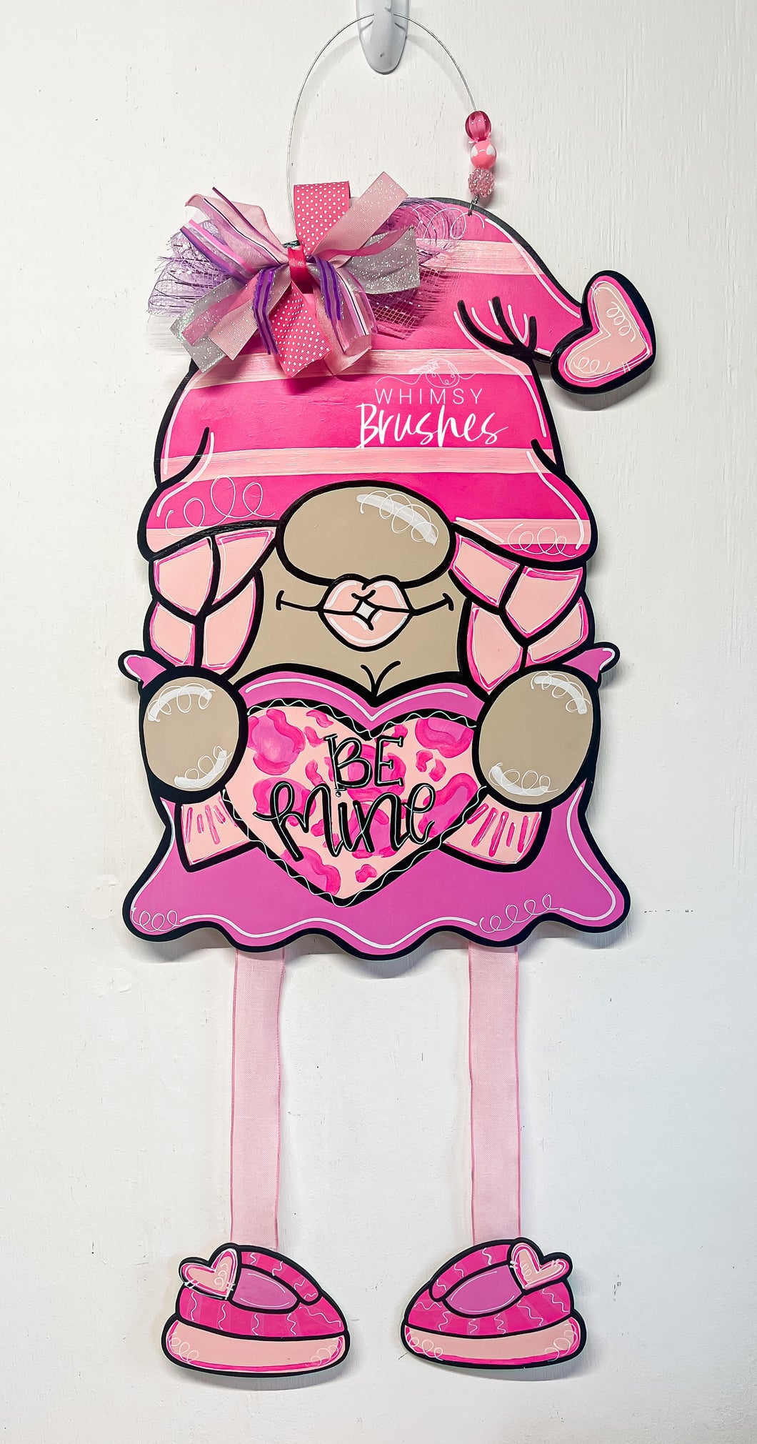 Pink Valentine Gnome w/ Ribbon Legs Doorhanger
