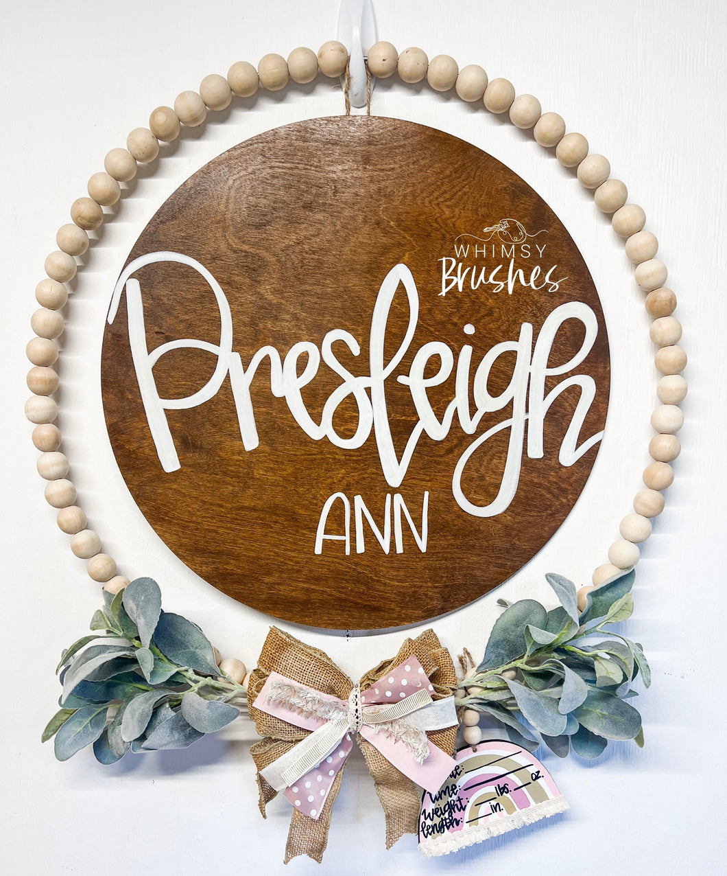 Custom Baby Name Round with Woodbead Wreath
