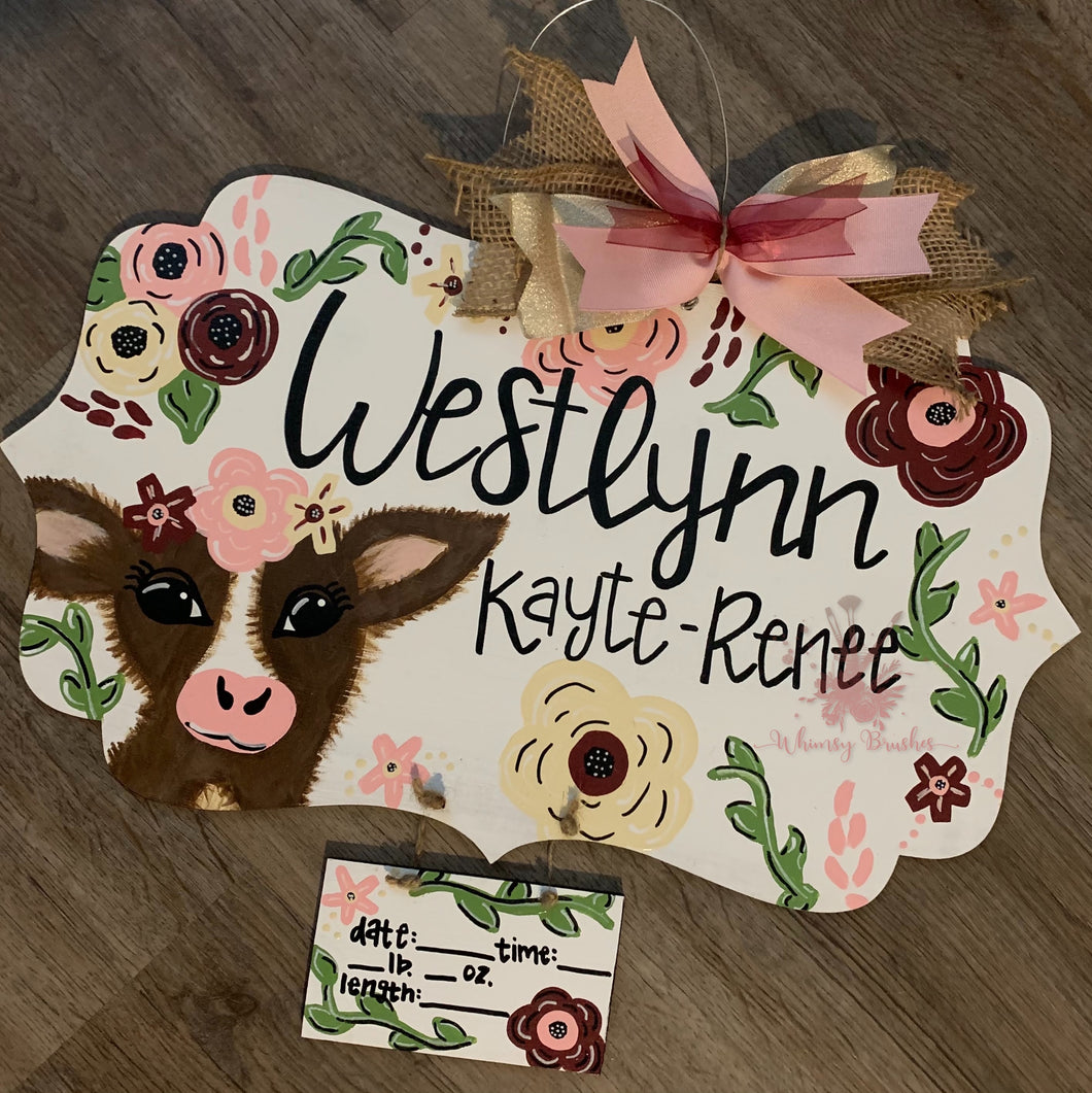 Floral Cow Quatre Le Foil Baby Doorhanger